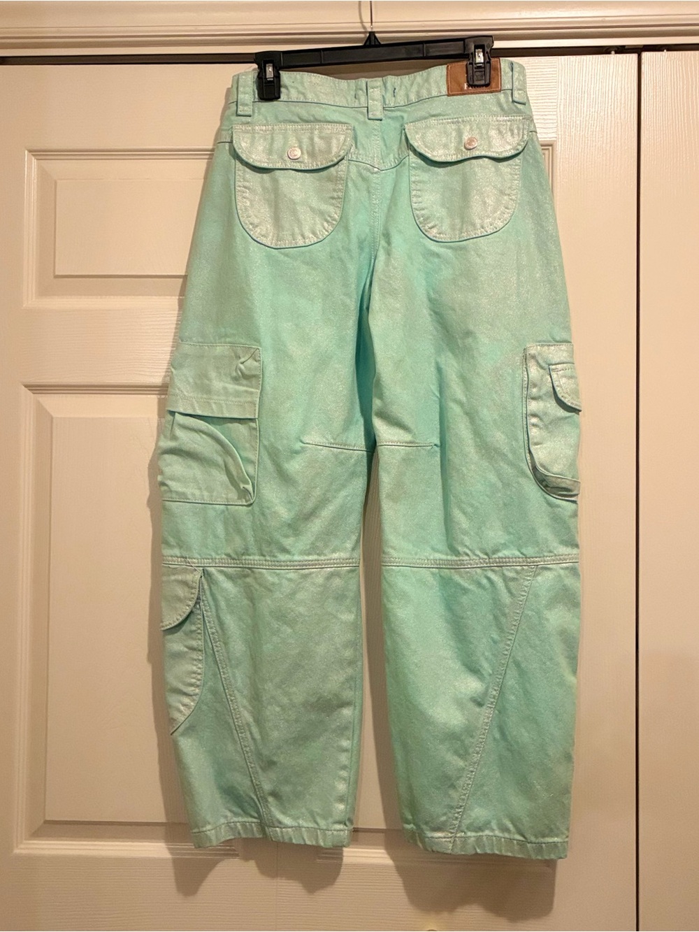Like New We the Free "Lap of Luxury" Barrel Cargo Jeans in Metallica Aquamarine - Picture 7 of 14